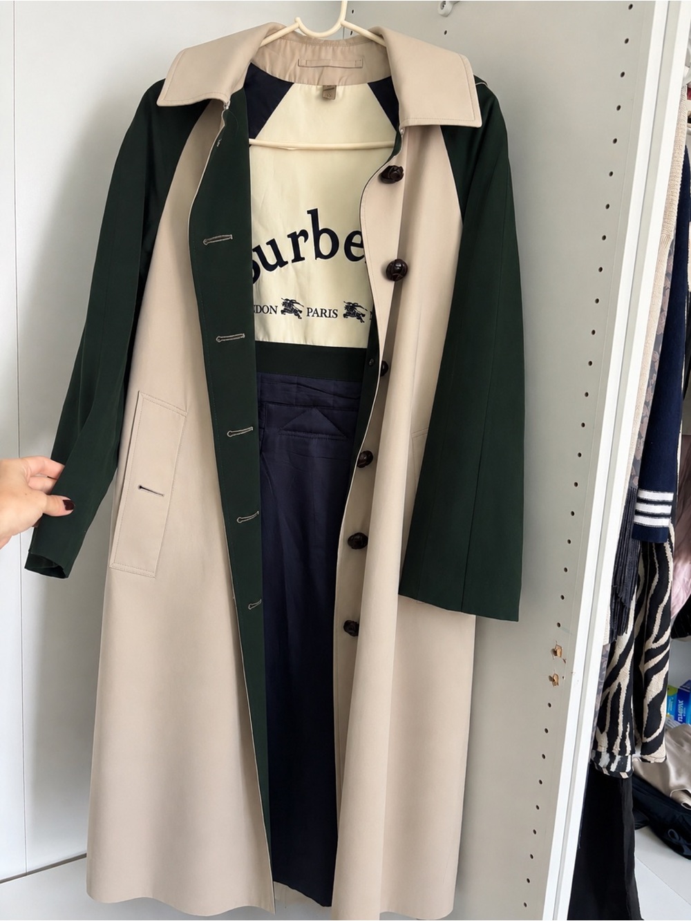 Burberry Dark Green and Beige Logo-Panel Coat